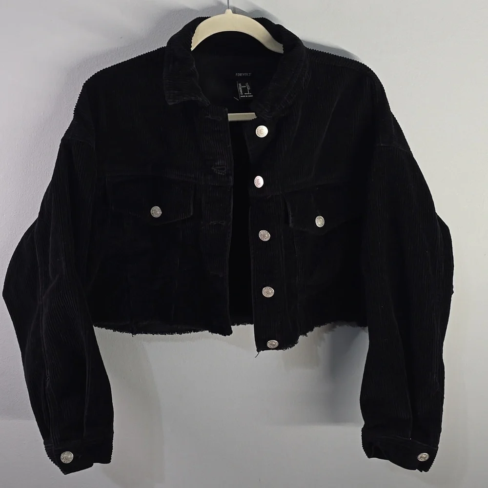 Forever 21 Black Ribbed Corduroy Crop Jacket Button Up Women's Size Small Black7